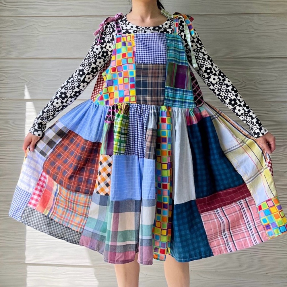 Handmade Tie At Shoulder Quilted Plaid/Gingham Dress SKU 05315 Rainbow Checkered